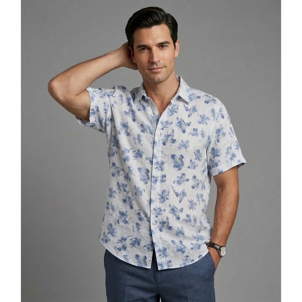 Rodd & Gunn Mens 2XL Blue Floral Linen Short Sleeve Button Down Shirt Sports Fit